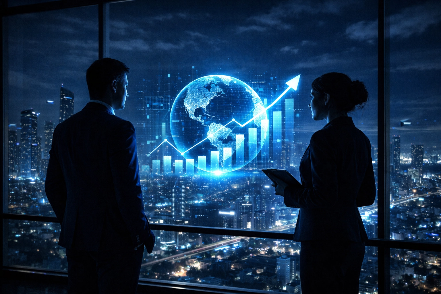 Professionals viewing digital growth charts, representing a reliable web design agency partnership.