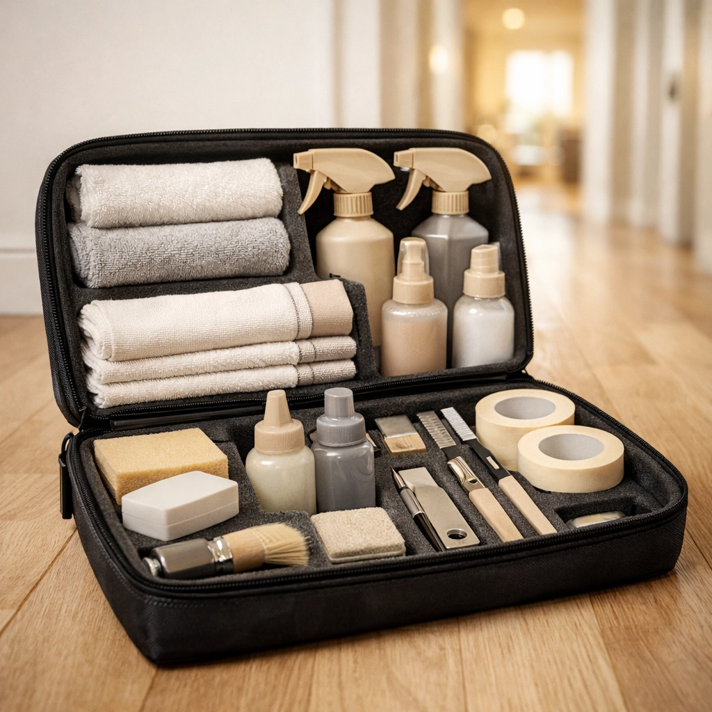 Organized professional cleaning supplies and toolkit on a hardwood floor for high-volume apartment turnovers.