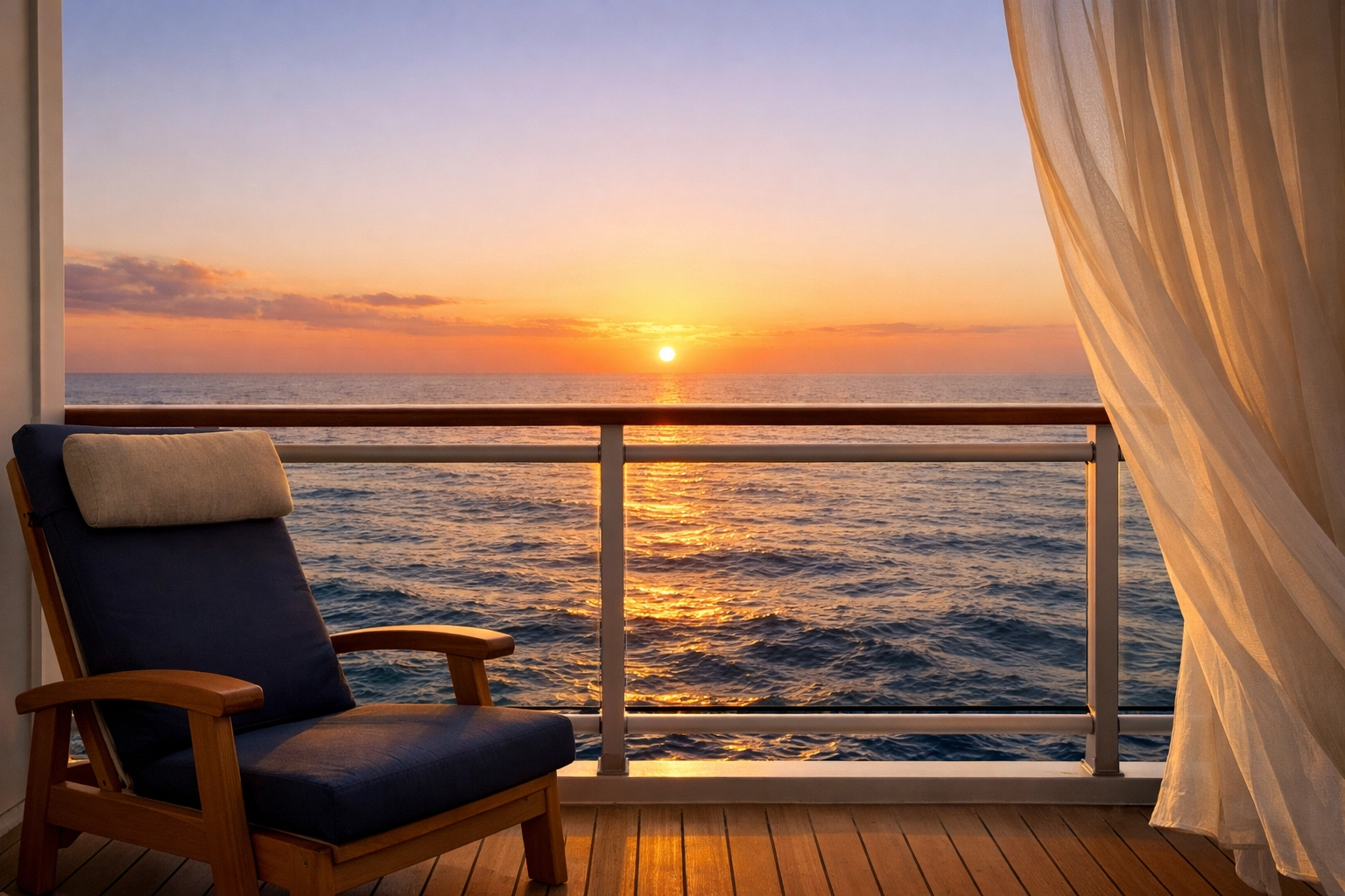 Peaceful mid-ship balcony cabin with ocean view ideal for avoiding seasickness