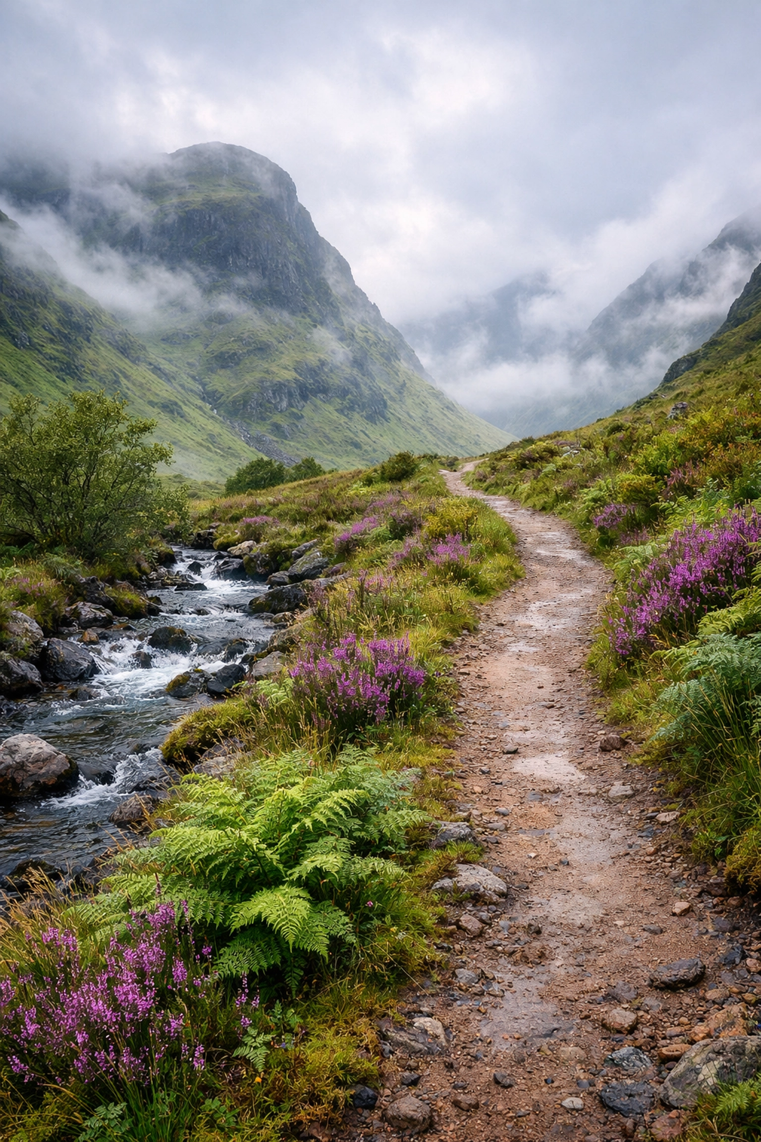 Mist-covered mountain trail in Glen Coe, highlighting the wild beauty of guided hiking tours in the UK.