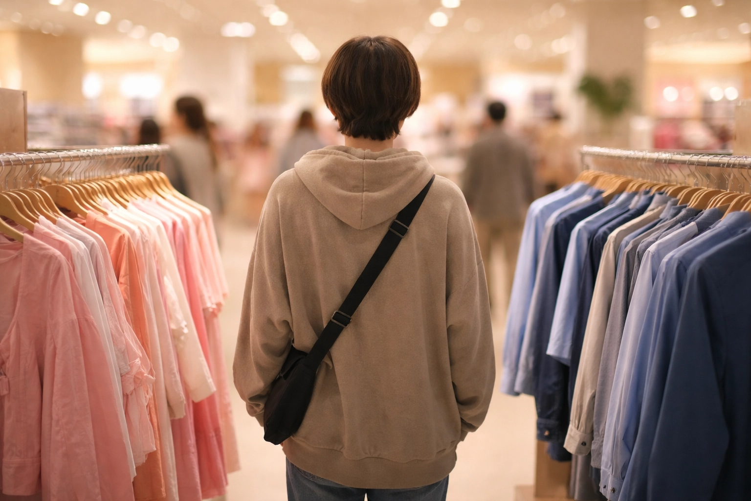 A shopper stands between racks of men's and women's clothes in a store, highlighting challenges of gendered fashion spaces.