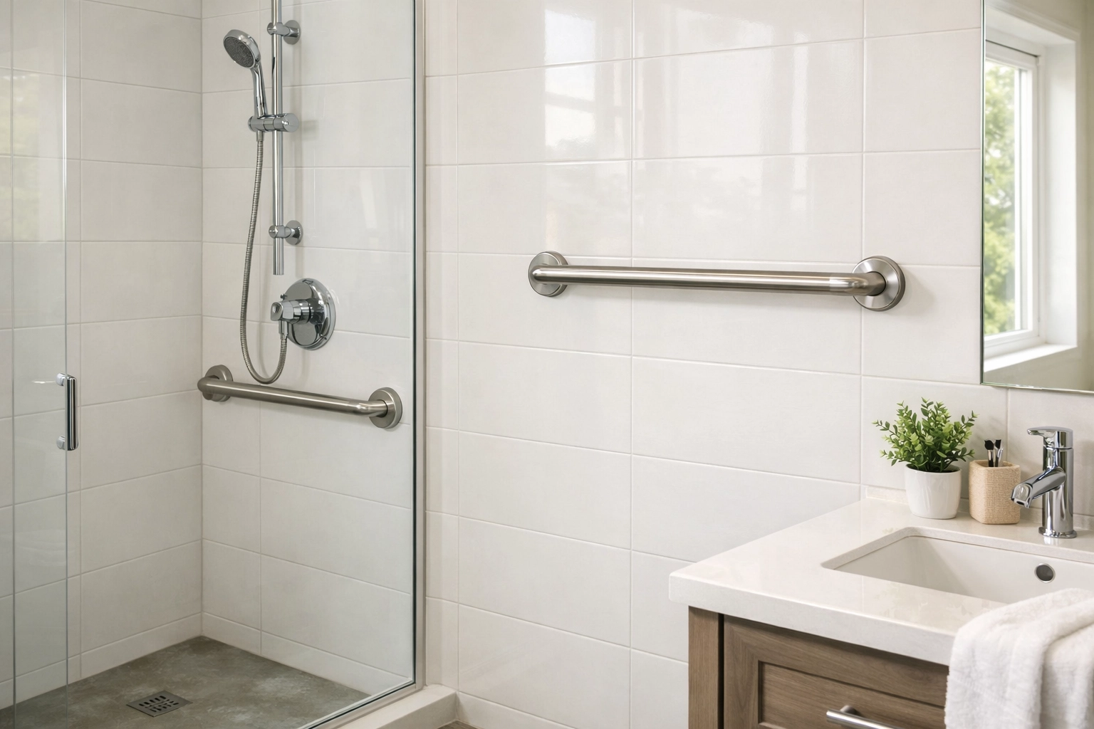 Stainless steel grab bars installed on bathroom wall near walk-in shower