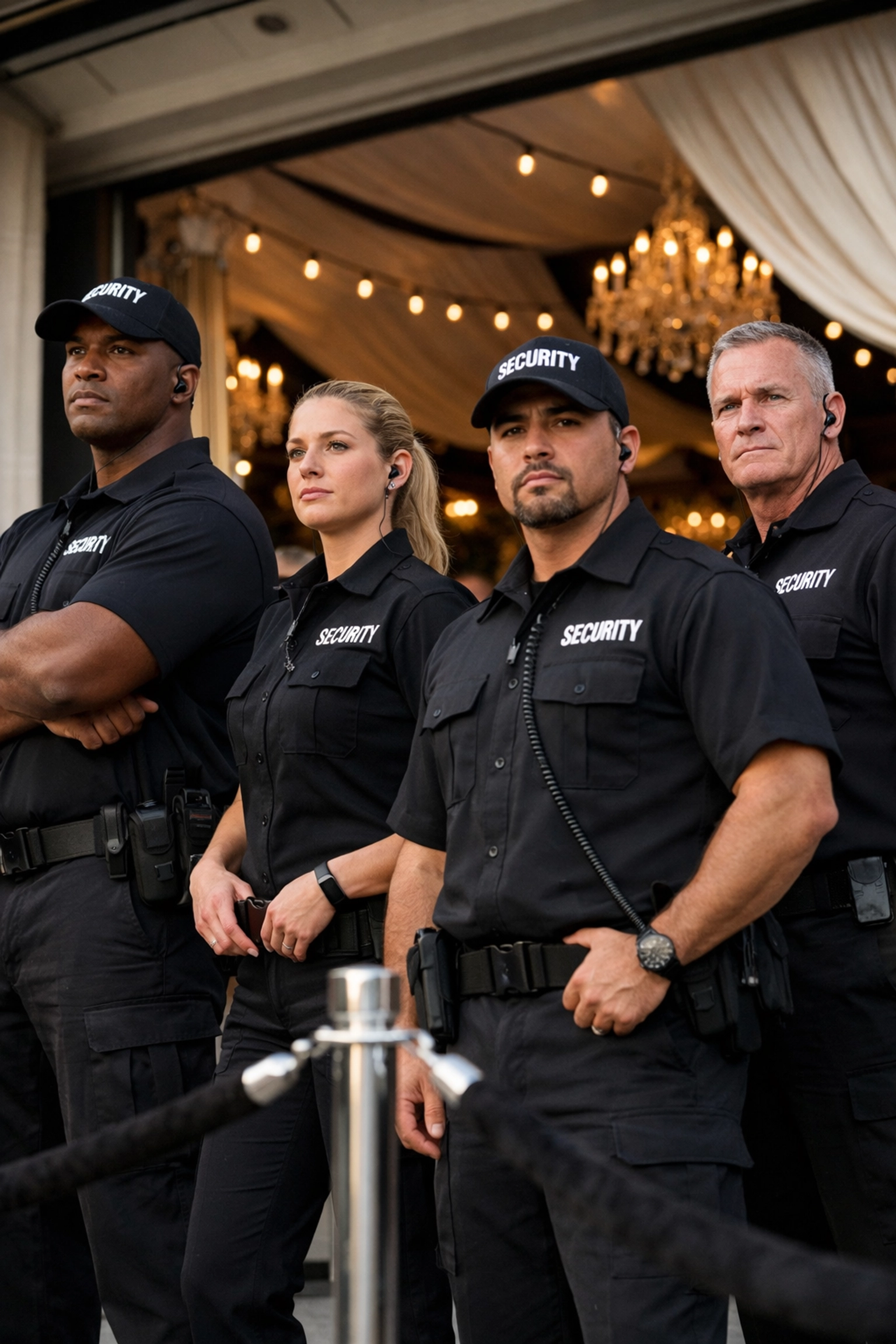 Professional security guards monitoring crowd flow at event entrance