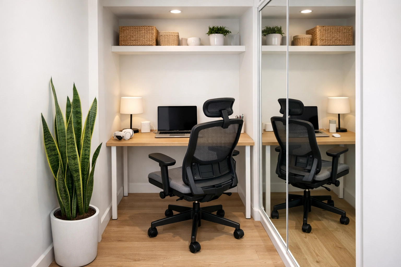Modern closet office with an ergonomic chair, wall mirror, and snake plant