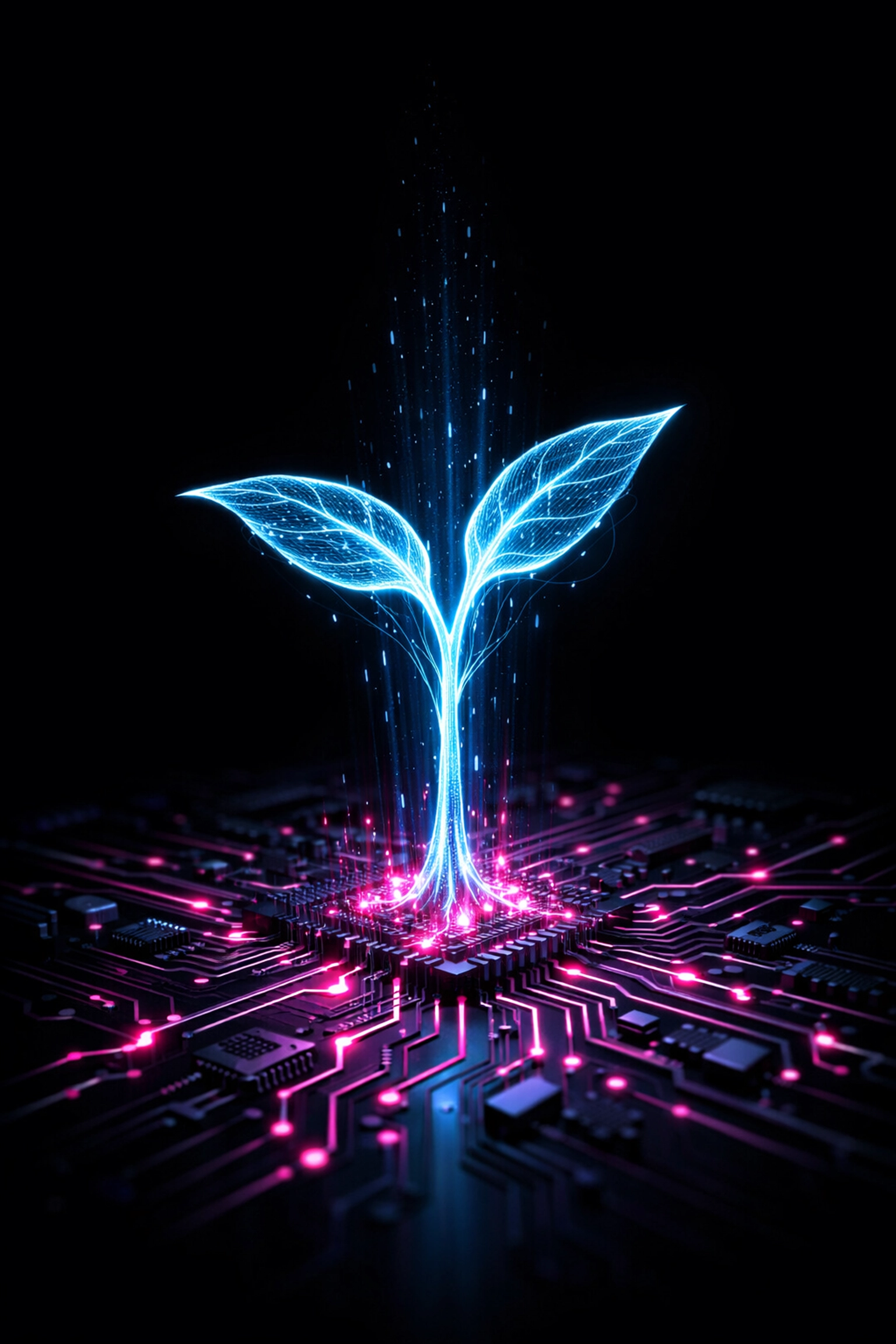 A glowing digital seedling growing from a circuit board symbolizing small business growth with AI.
