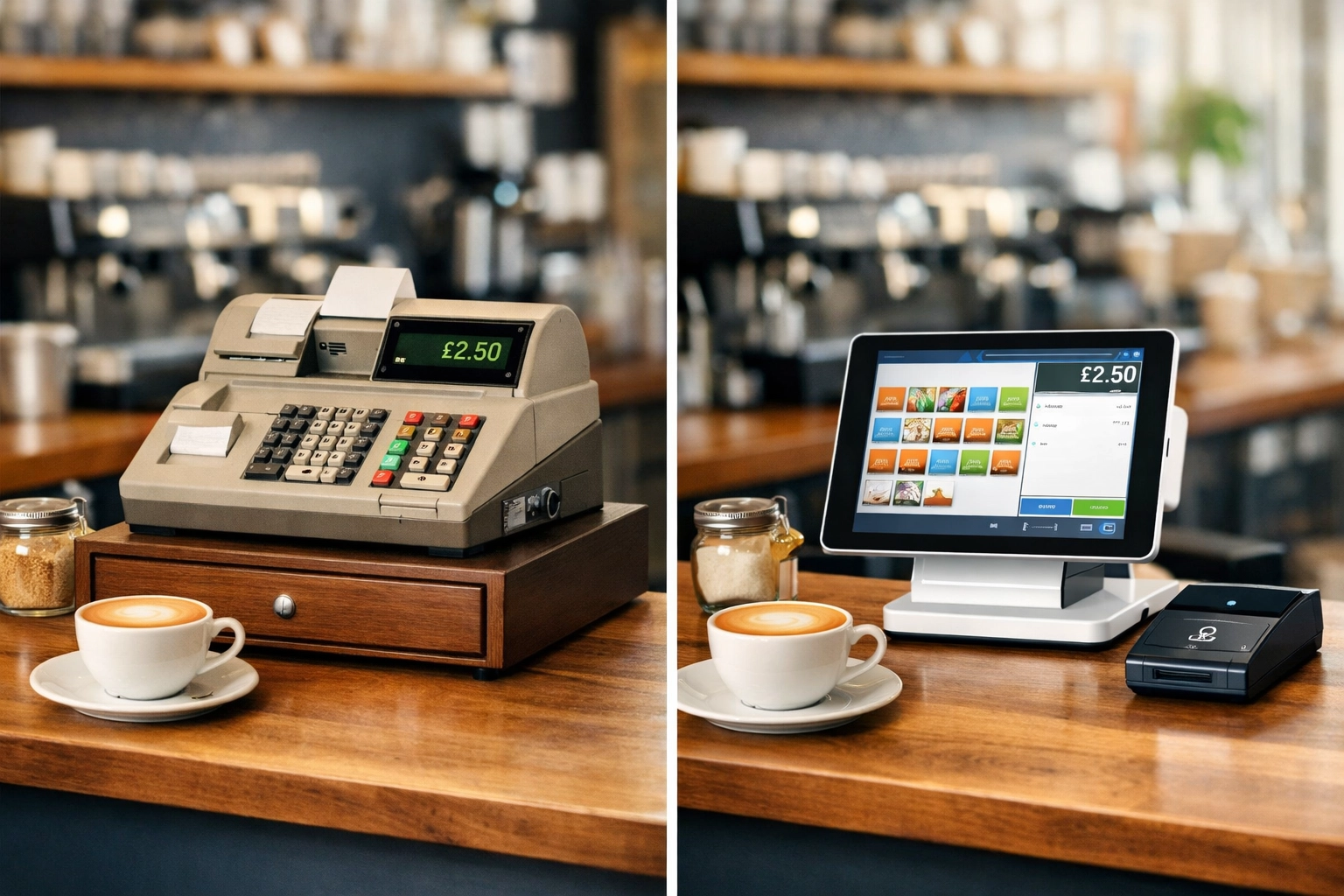Traditional cash register vs modern cloud-based POS system comparison in UK café