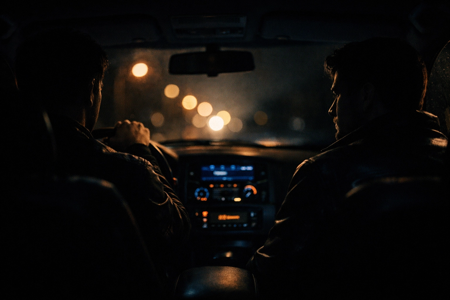 Two men sitting in tense silence in a car at night after hiding their gay relationship from family