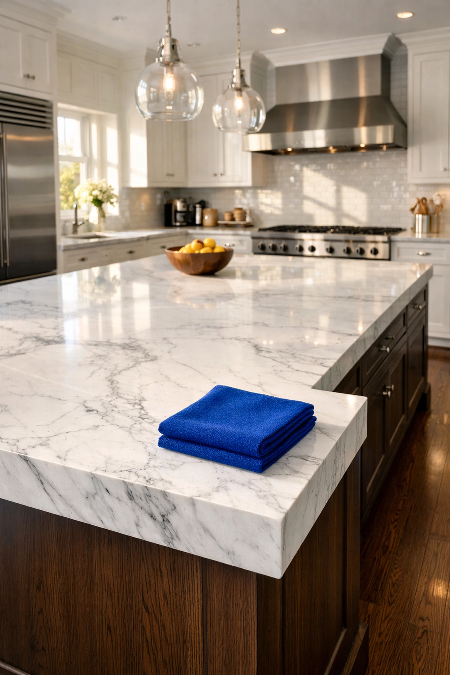 Immaculate Natick kitchen with white marble island cleaned by professional cleaners Natick MA.
