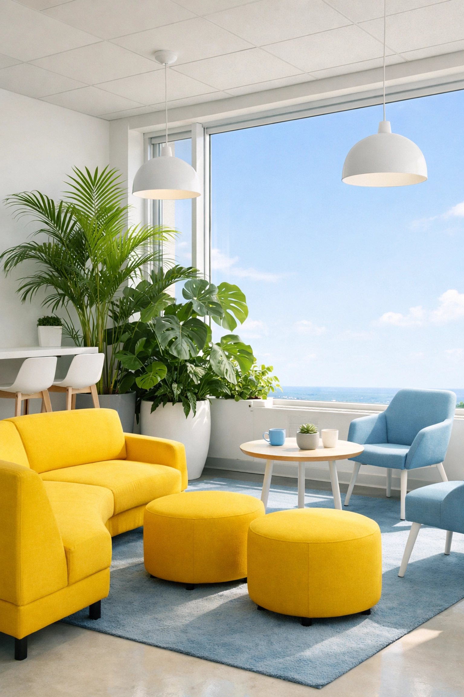 A bright office lounge area with plants showing improved indoor air quality and eco-friendly cleaning.
