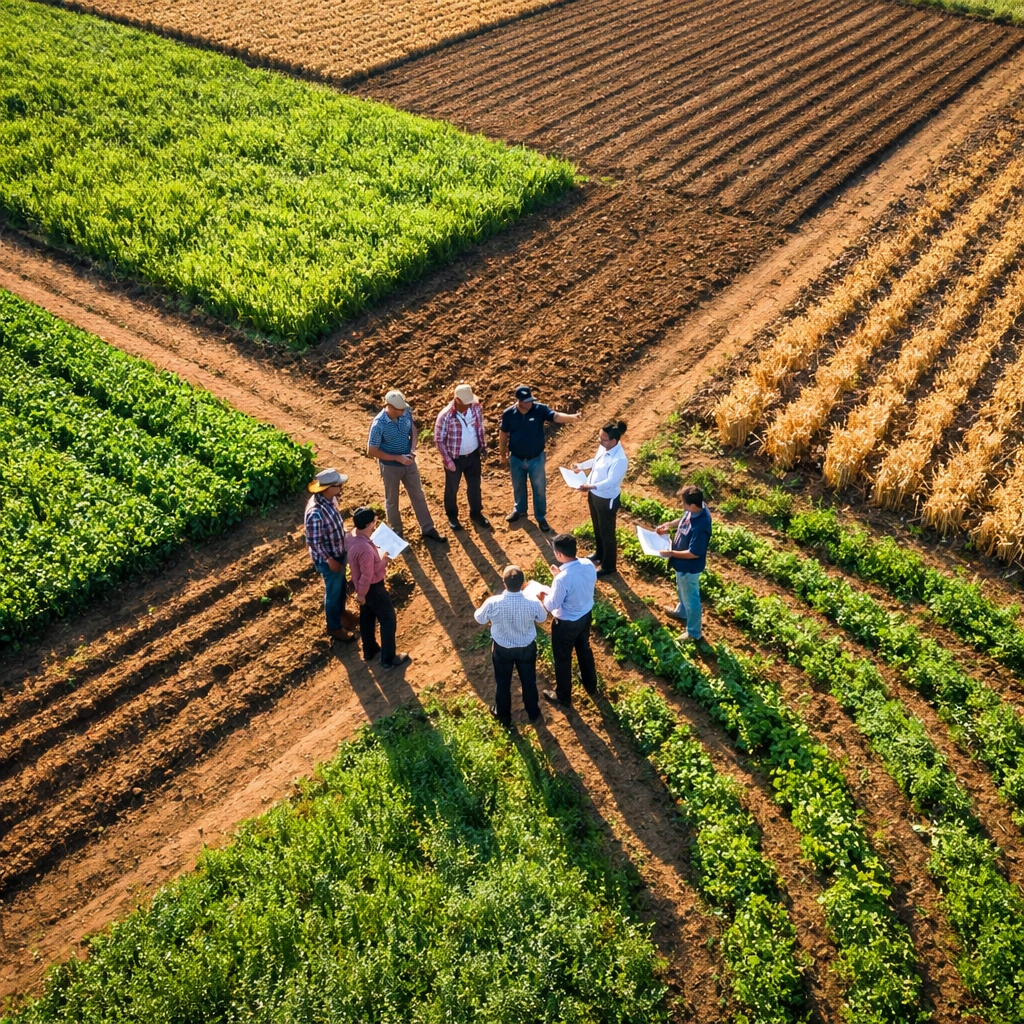 Aerial view of agricultural field showing regenerative farming practices and cover crops