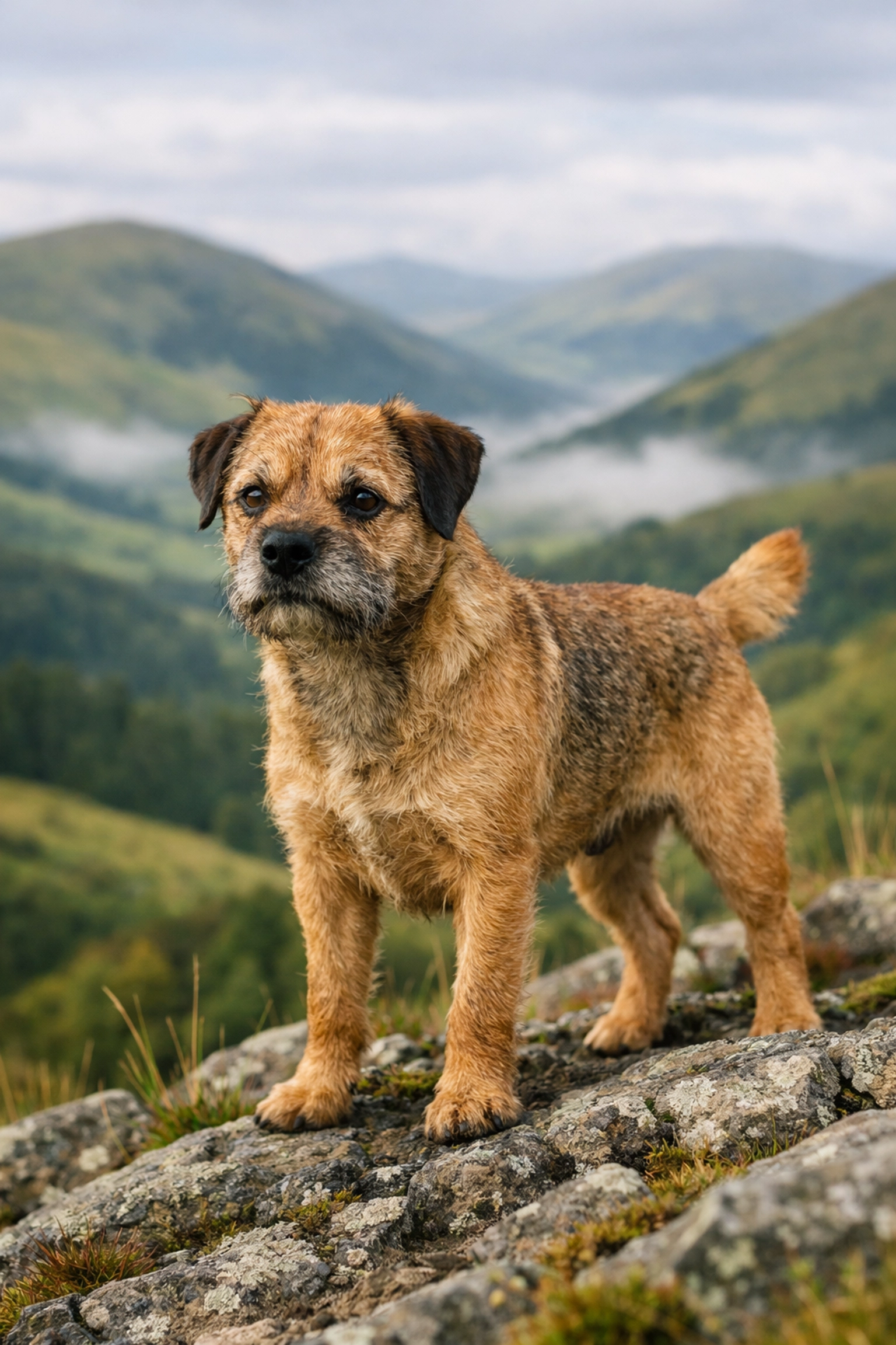 Border Terrier au poil dur dans les collines écossaises d'où il est originaire