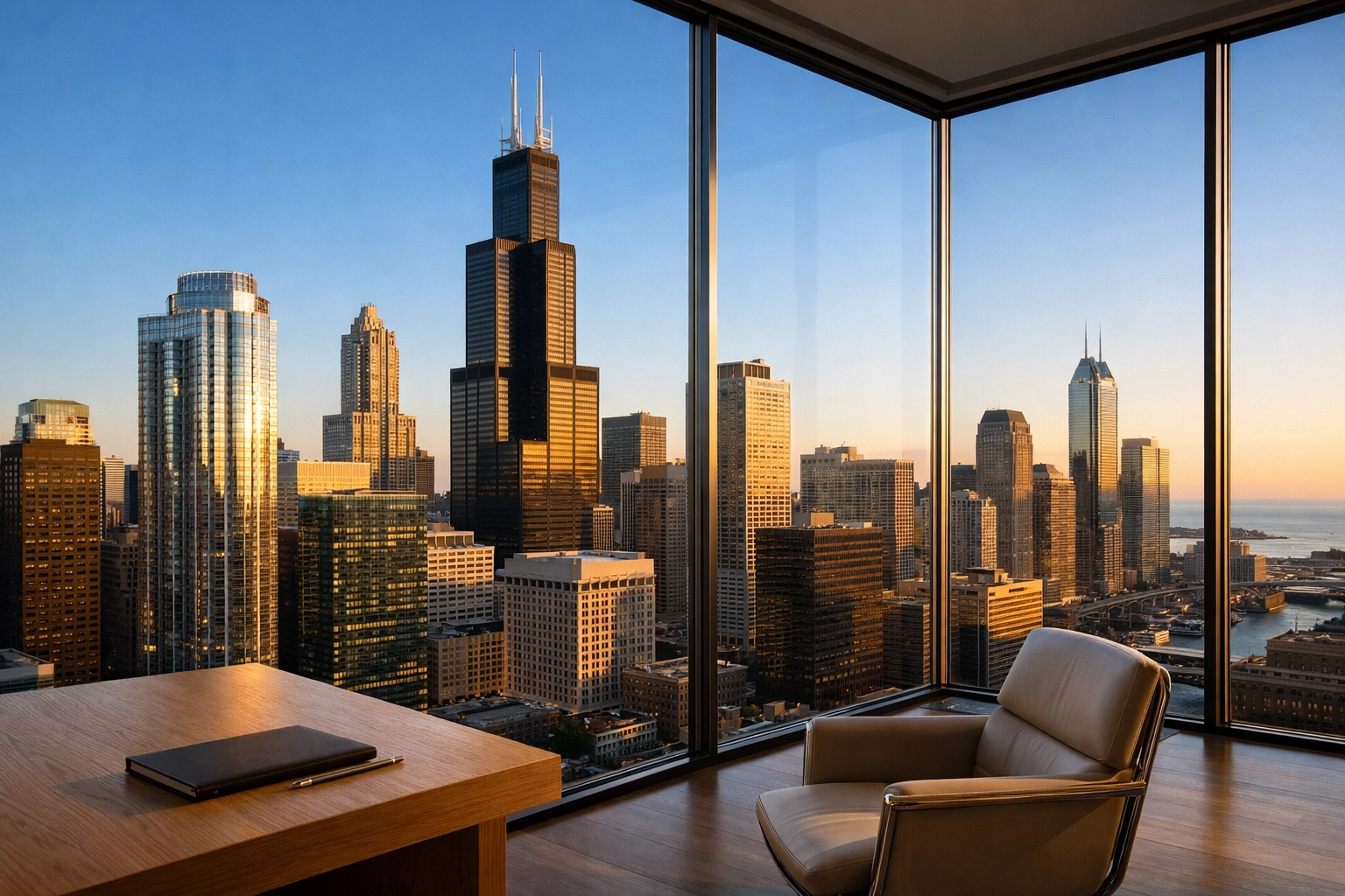 Chicago skyline view from a high-rise office window, reflecting metropolitan authority in commercial real estate.
