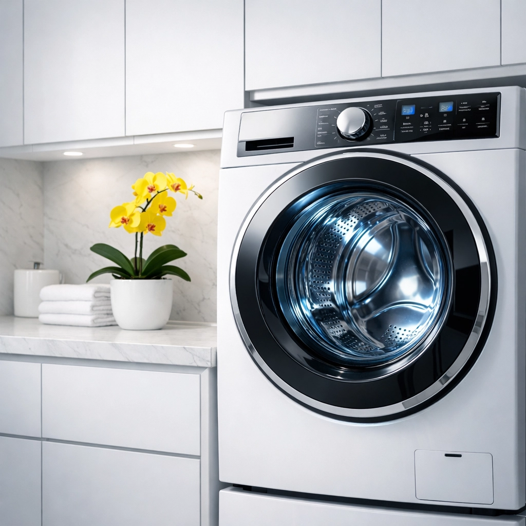 Sparkling clean stainless steel washing machine drum inside a modern white and blue laundry room.
