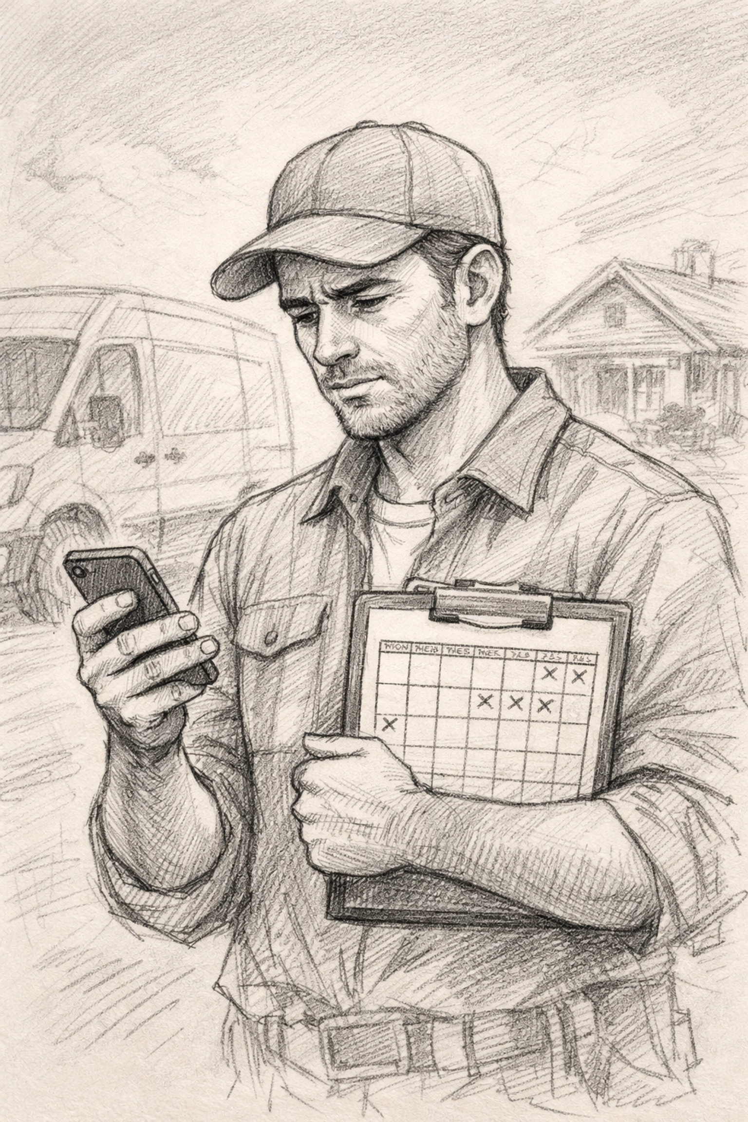 Service worker checking schedule conflict on phone while holding calendar clipboard