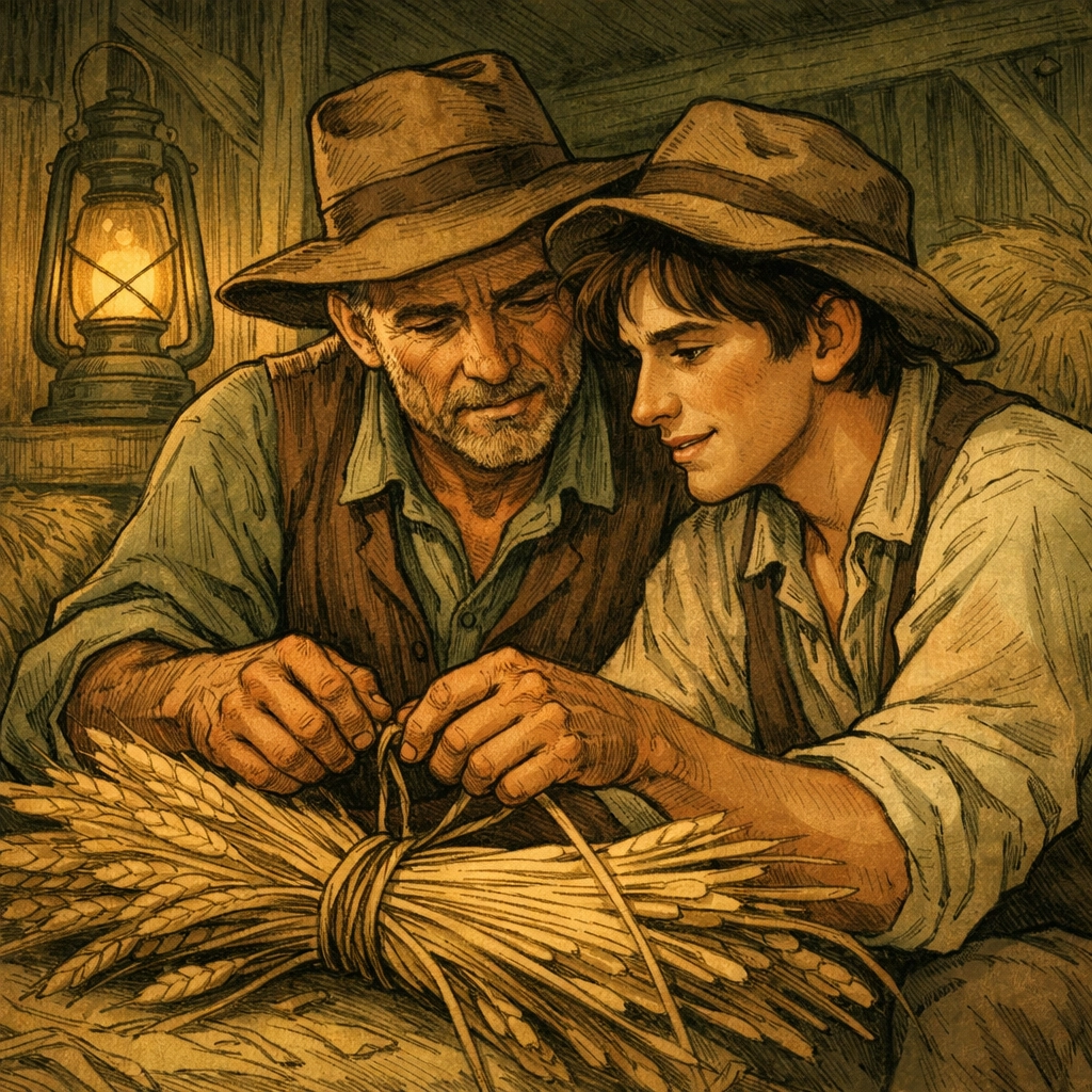 Older farmer teaching young drifter in barn lantern light MM age gap romance