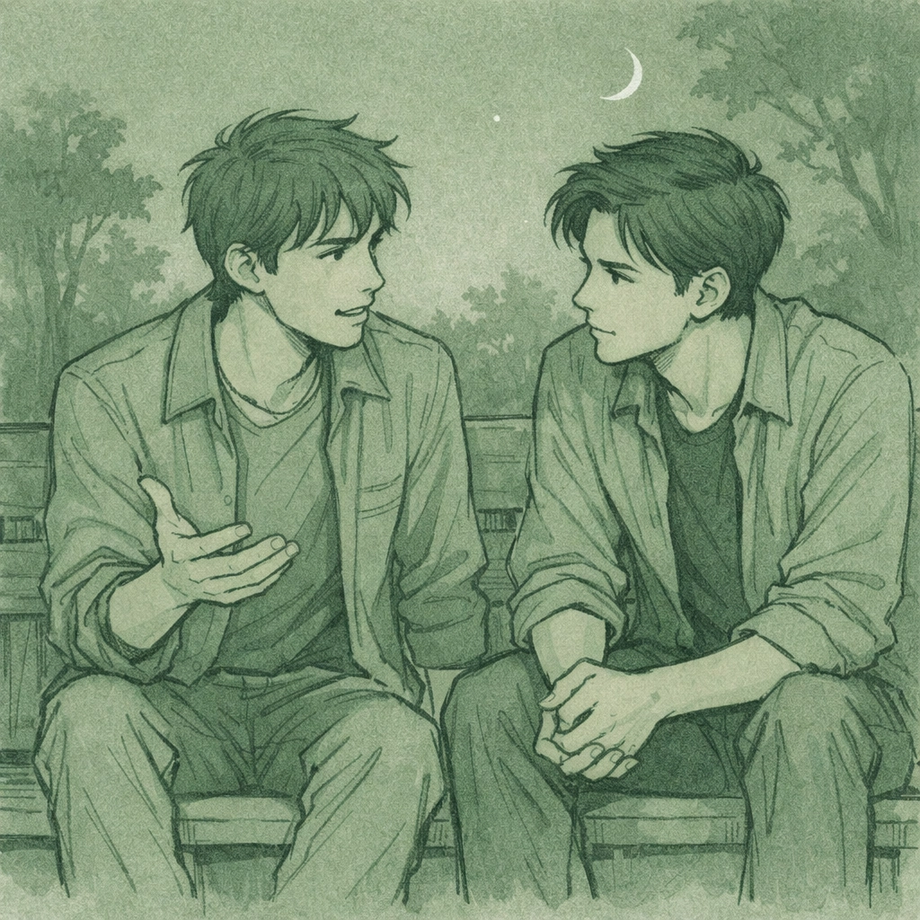 Two young men in deep conversation on bench - gay romance and connection
