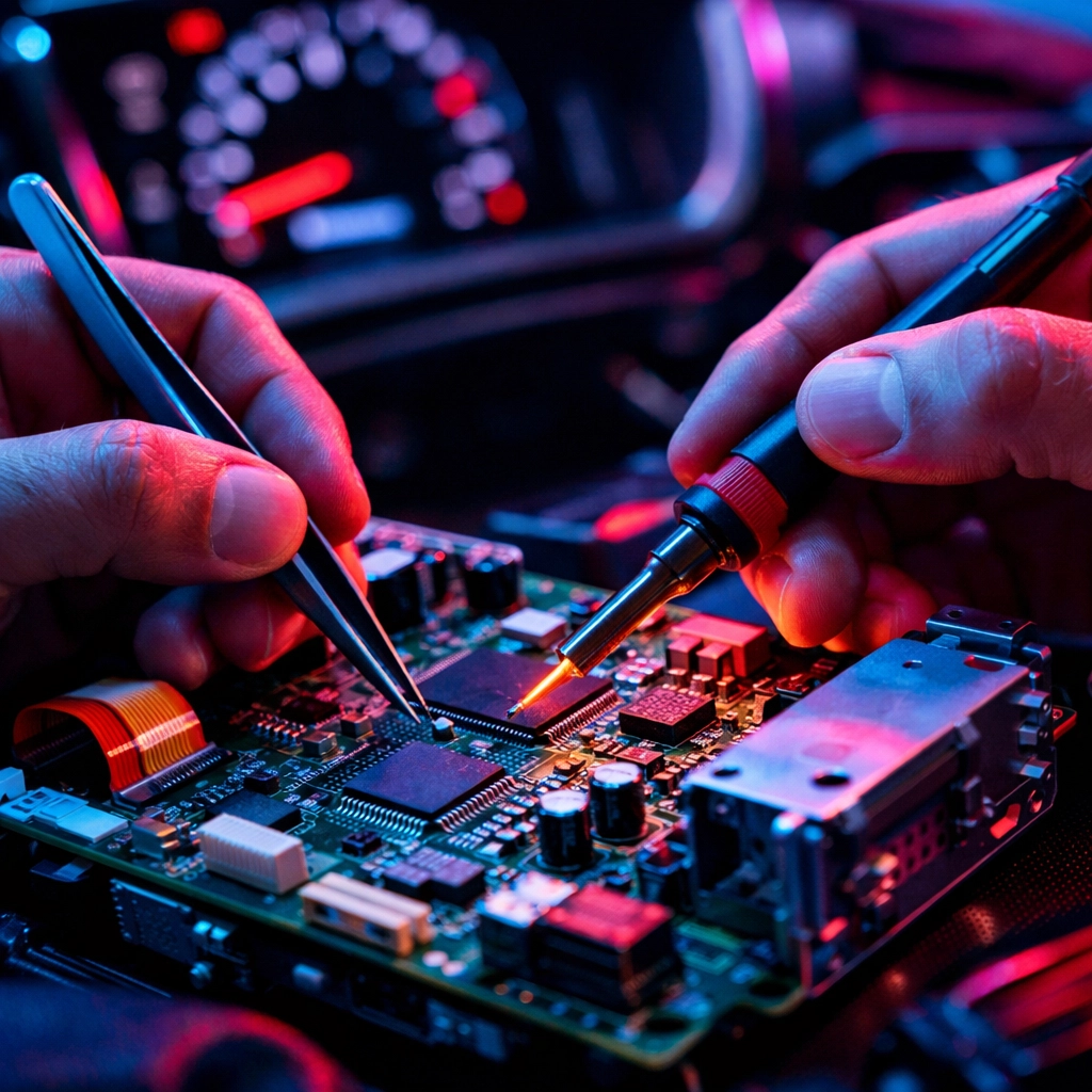 Expert radio repair in Chattanooga TN showing a technician performing precision electronic work on a car head unit.