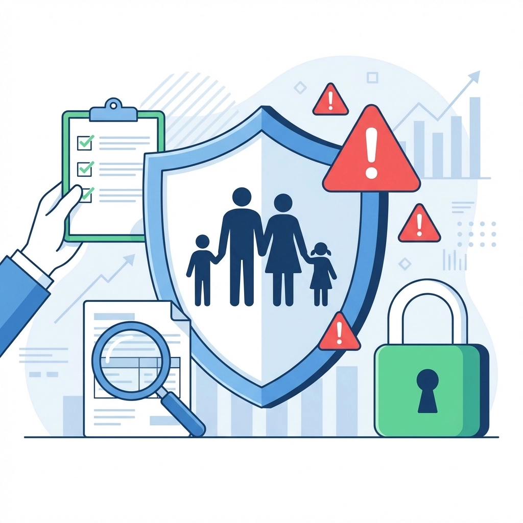 Flat illustration of shield protecting a family, emphasizing security against foreclosure surplus scams and safe fund recovery