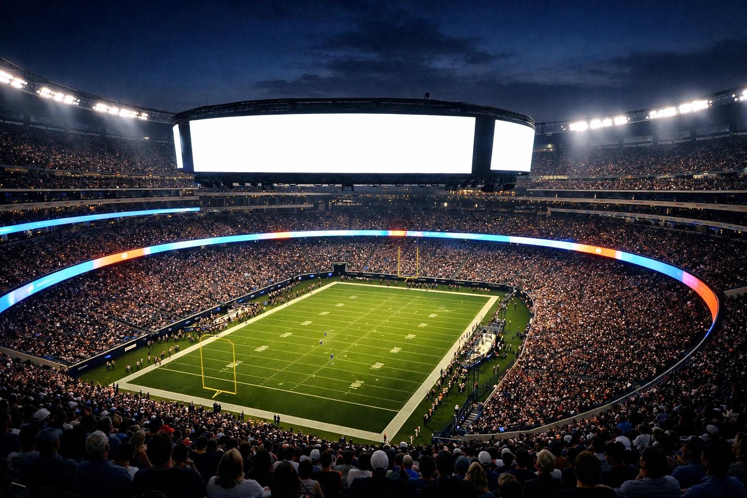 A crowded professional sports stadium at night featuring bright digital LED advertising boards for national media reach.