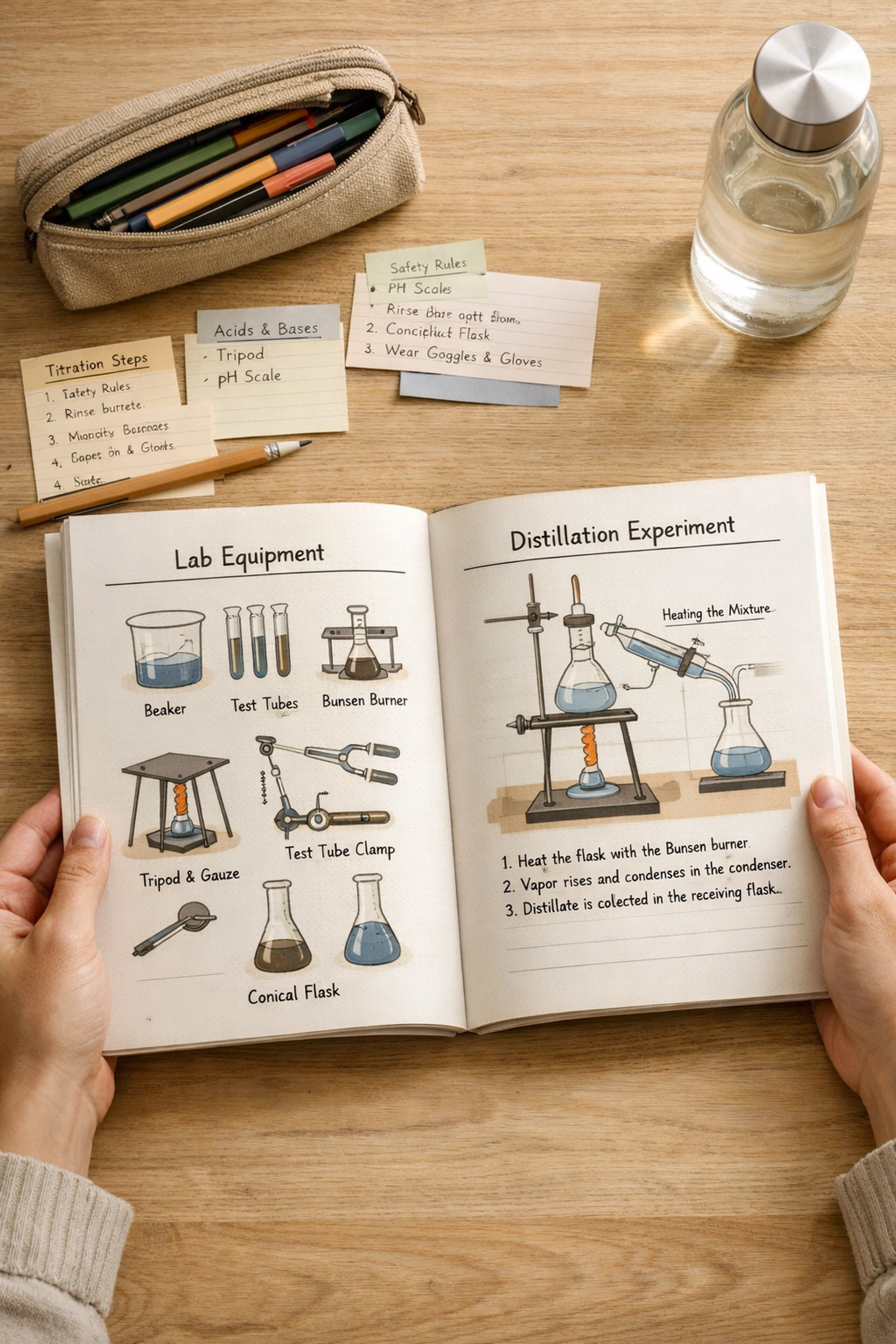 Chemistry practical workbook with laboratory apparatus diagrams for A Level exam preparation