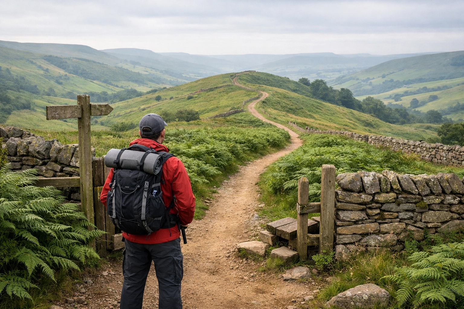 Hiker at a Peak District trailhead overlooking green hills on a guided hiking tour UK.