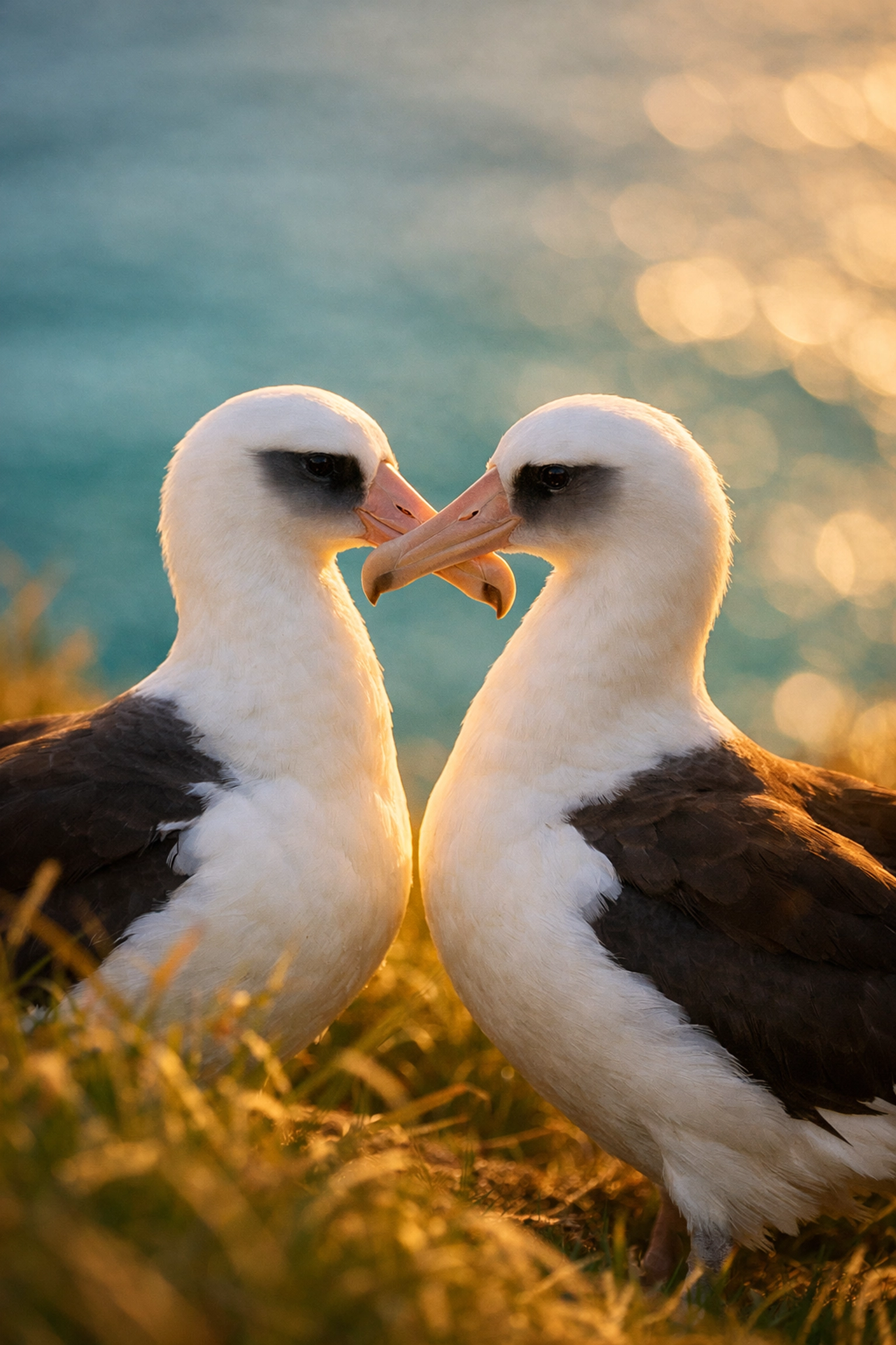 A pair of female Laysan Albatrosses touching beaks in a courtship ritual on a Hawaiian cliffside.
