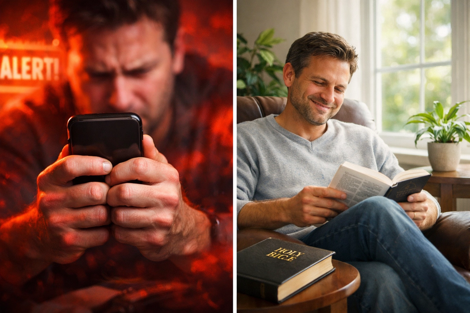 Stressed phone news reading vs peaceful Bible-centered news consumption