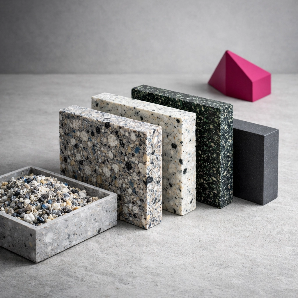 Premium recycled plastic sheet samples manufactured from commercial flooring waste for circular construction.