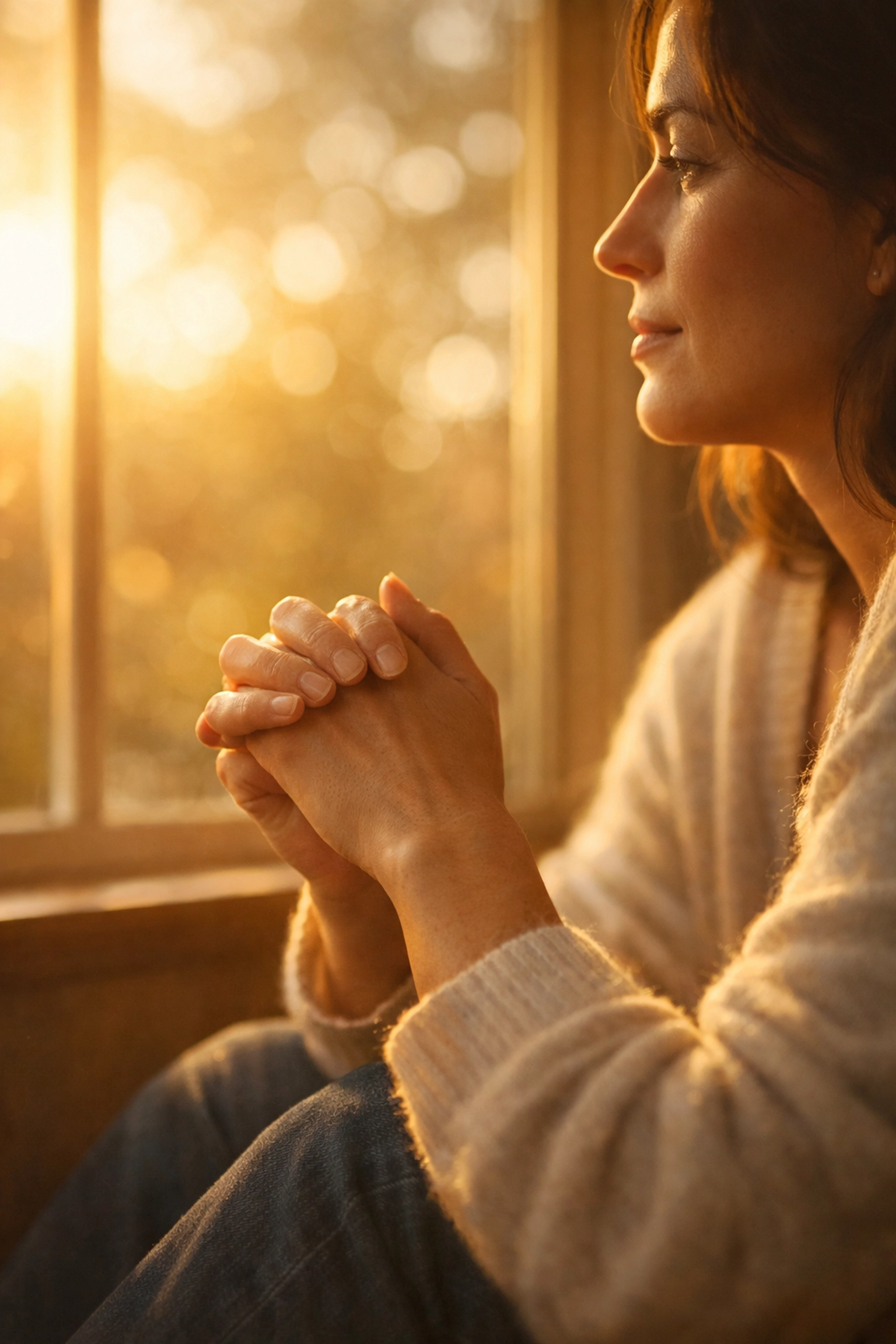 Person sitting by a window in quiet contemplation, reflecting on anxiety as a natural human experience