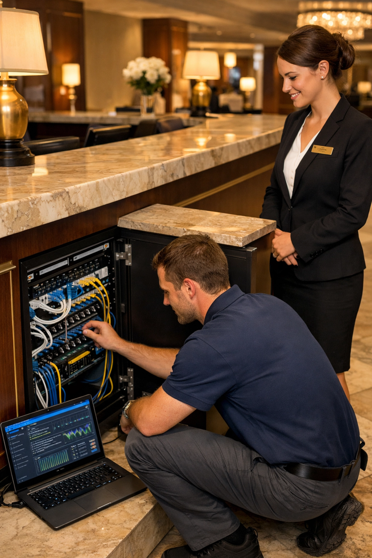 Hotel IT support technician servicing network equipment at front desk with receptionist