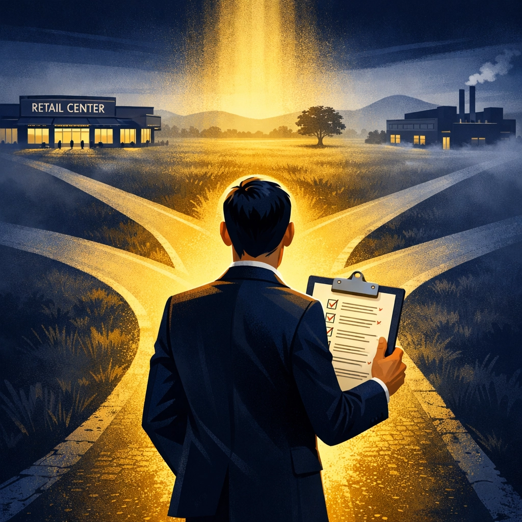 Real estate investor choosing replacement property with investment criteria checklist