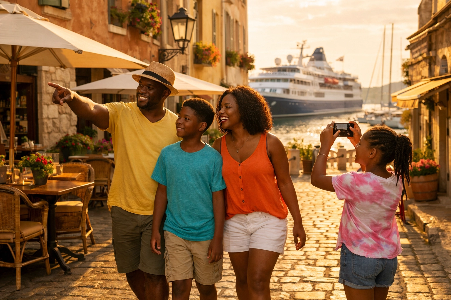 Family exploring European port city independently from boutique cruise ship