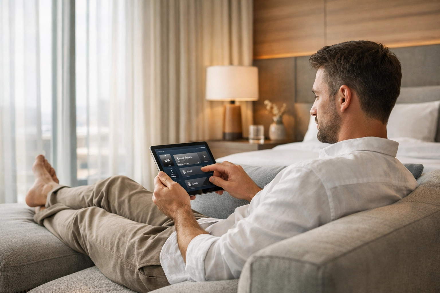 A hotel guest using a tablet to enjoy a personalized, tech-enhanced experience in a luxury suite.