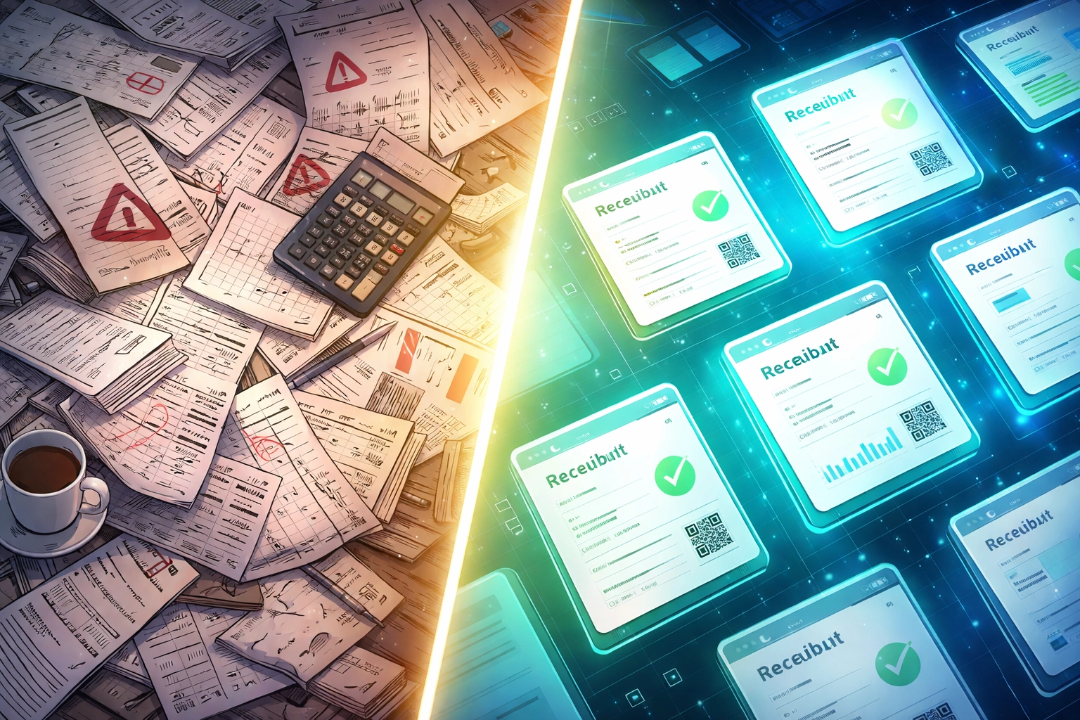 Comparison of chaotic paper receipts versus organized NFT receipt system for streamlined business accounting