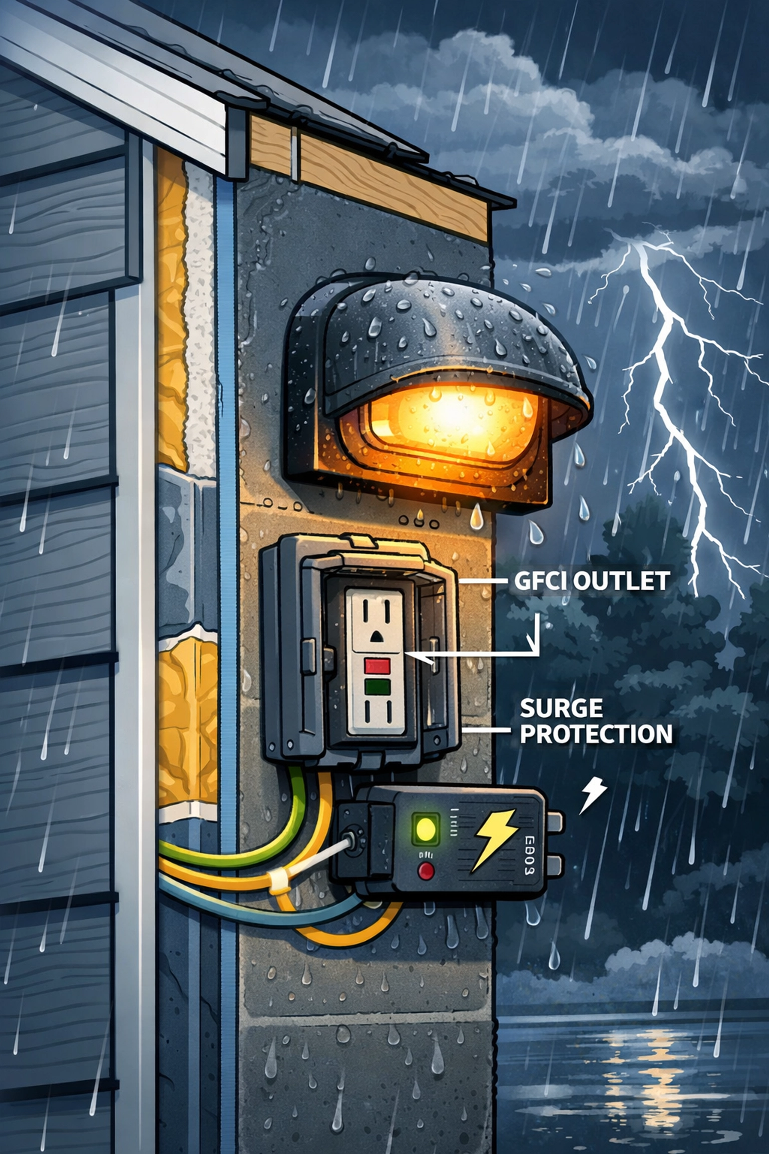 Weatherproof exterior lighting fixture with GFCI protection during Florida storm