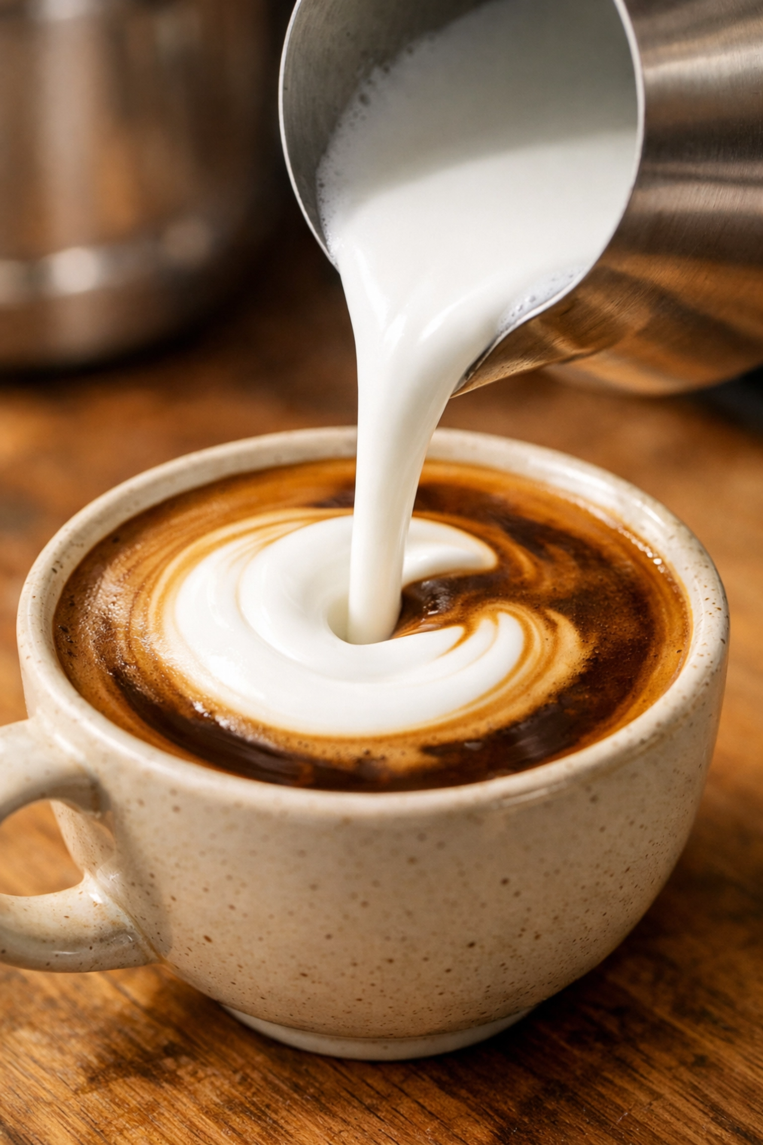 Silky microfoam milk being poured into a latte cup for perfect coffee art.
