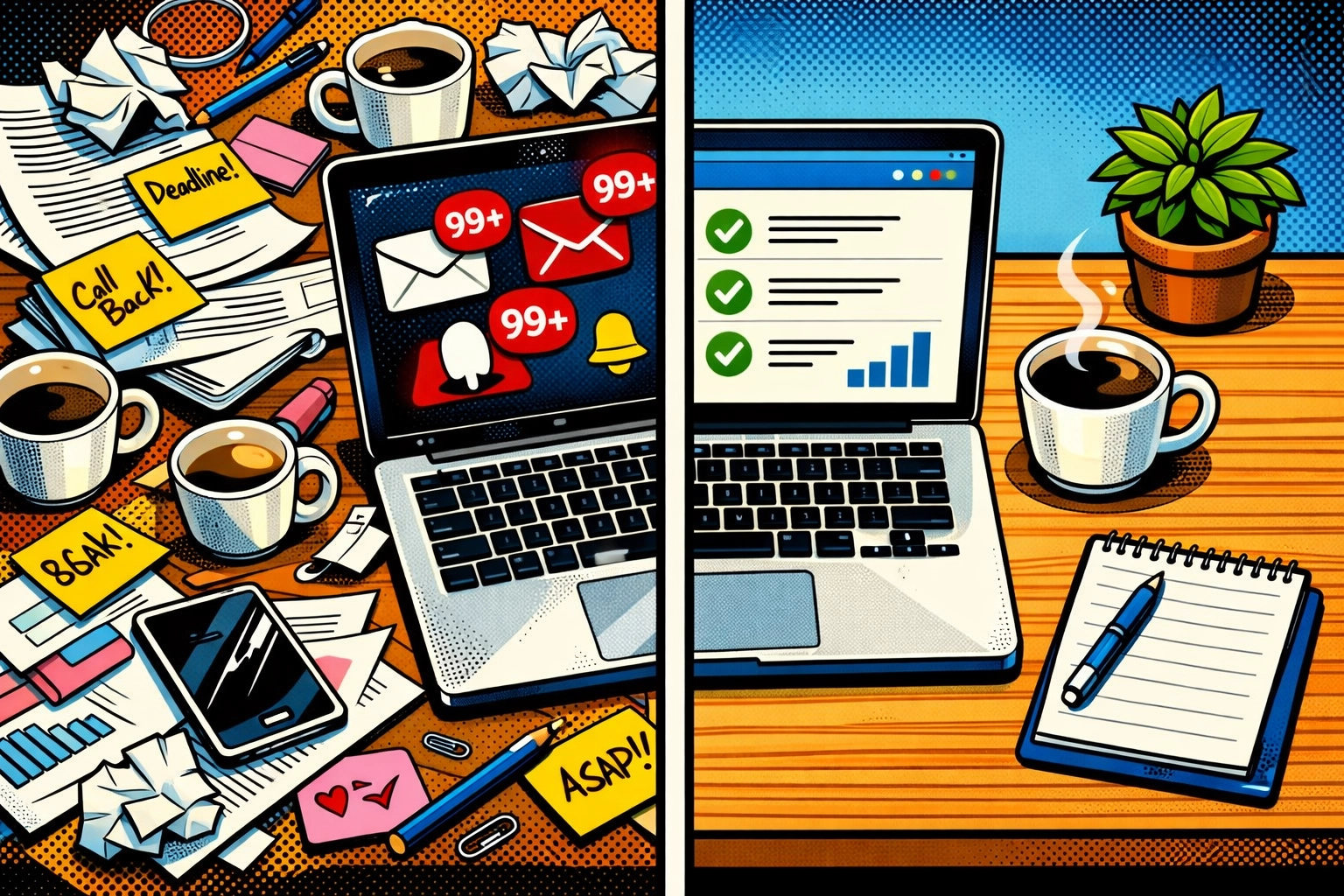 Before and after AI business automation: chaotic desk transforms into organized workspace