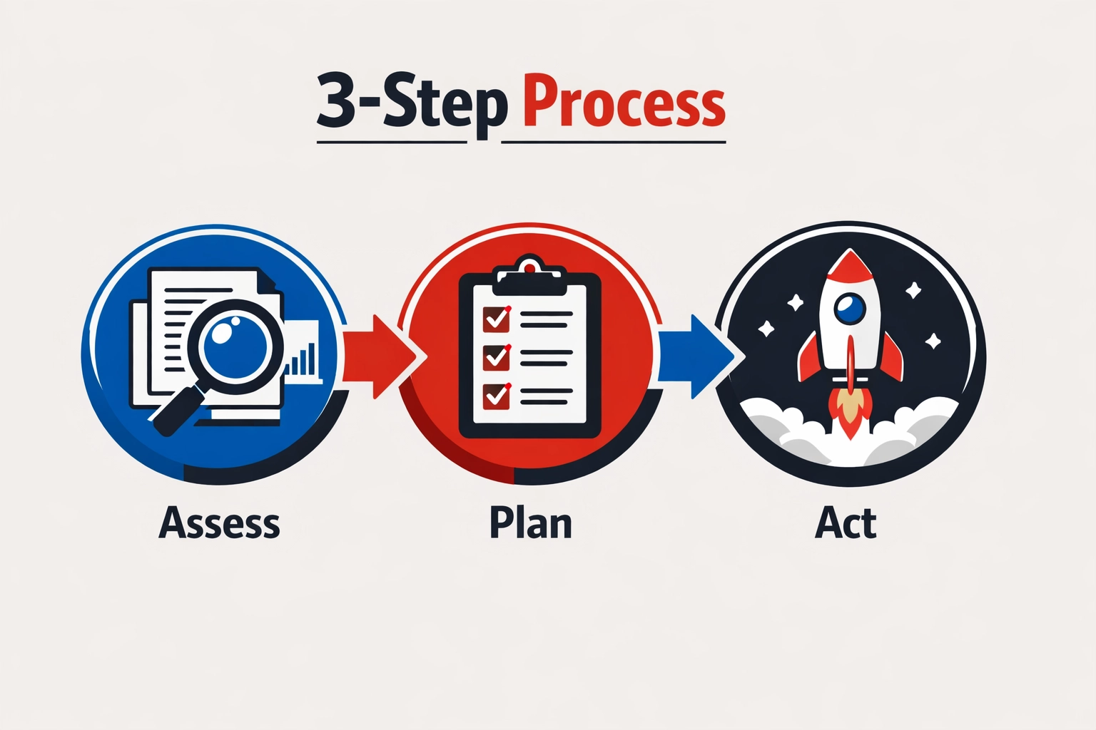 Three-step financial process infographic showing assess, plan, and act stages