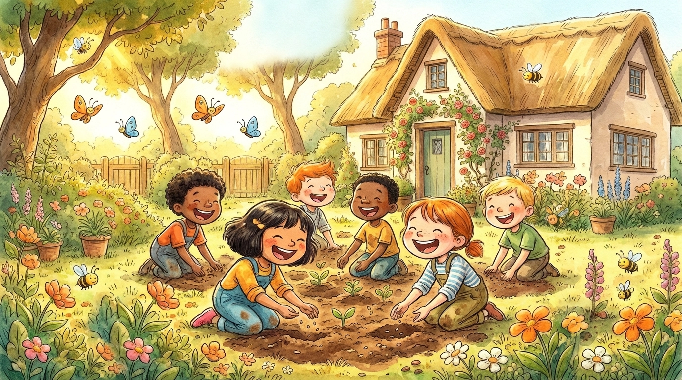 Cartoon children planting seeds in a backyard garden, showing teamwork and gardening habits for kids.