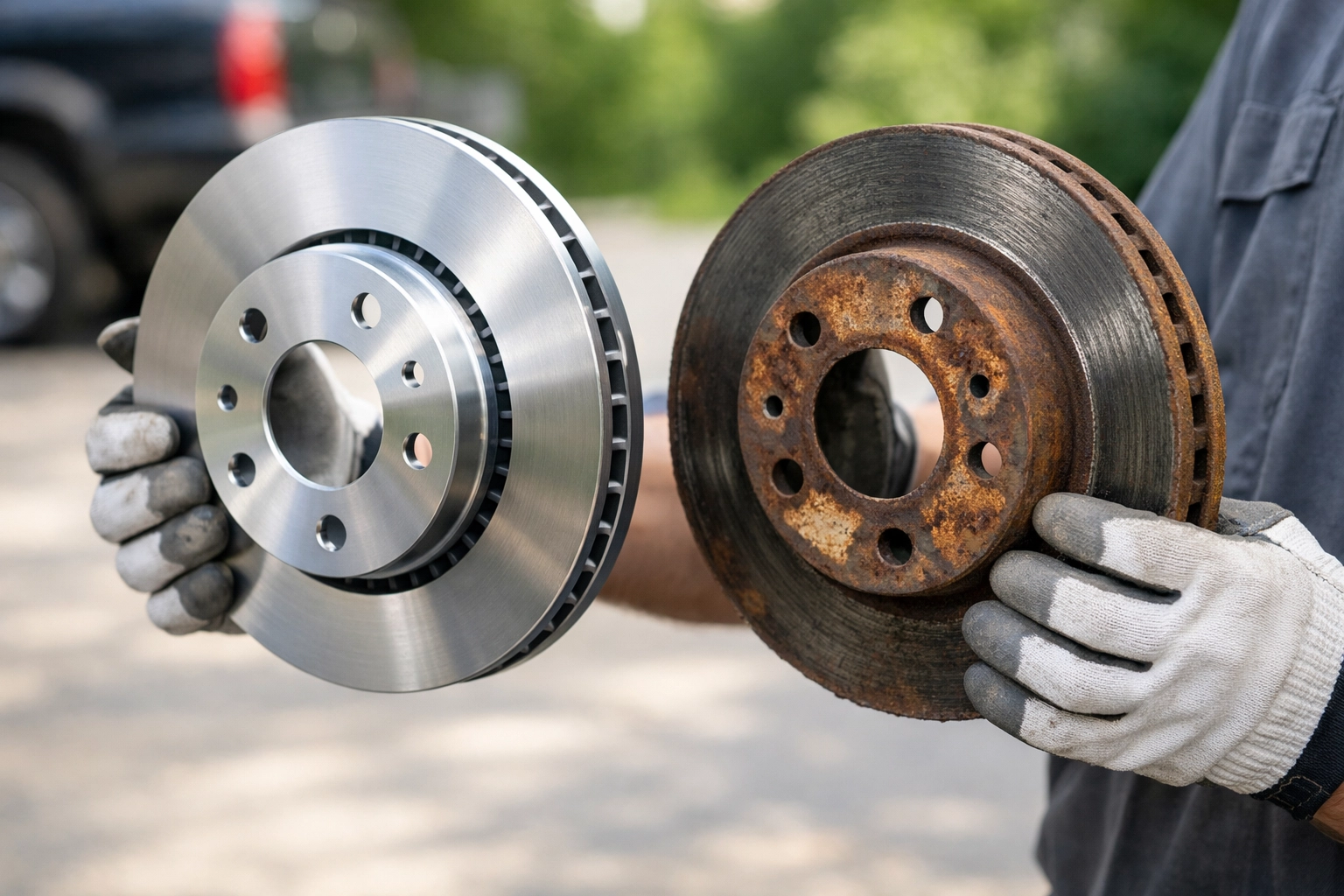 Green Bay mobile mechanic comparing new and rusted brake rotors during a home car repair service.