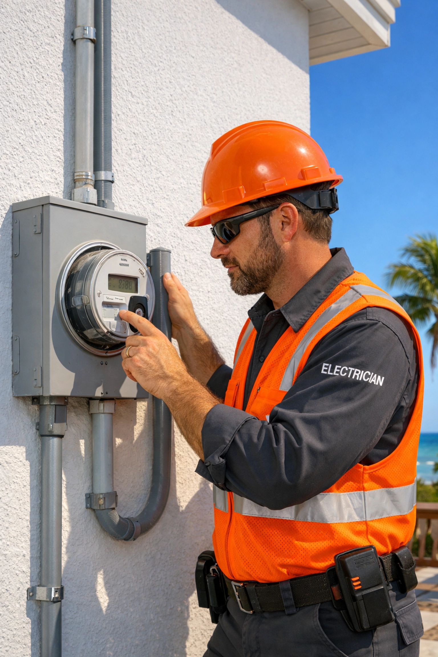 Licensed electrician inspecting an exterior electrical meter at a Florida coastal property.