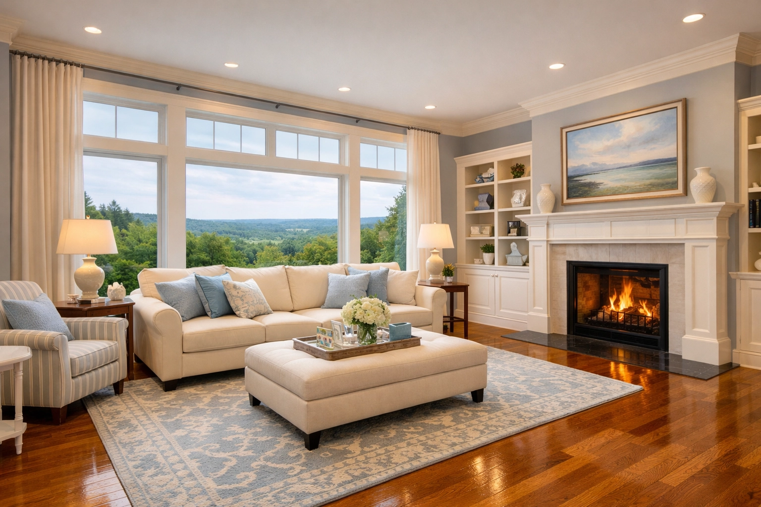 A clean, dust-free living room in Bolton with hardwood floors and large windows overlooking green space.