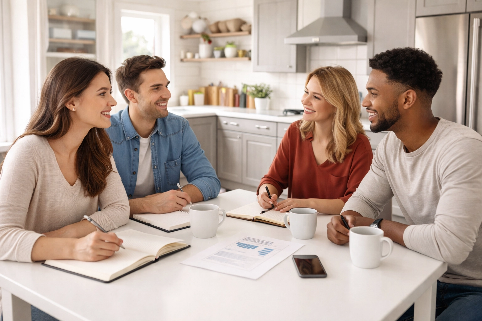 Two families meeting at a kitchen table discussing nanny share tax responsibilities and arrangements