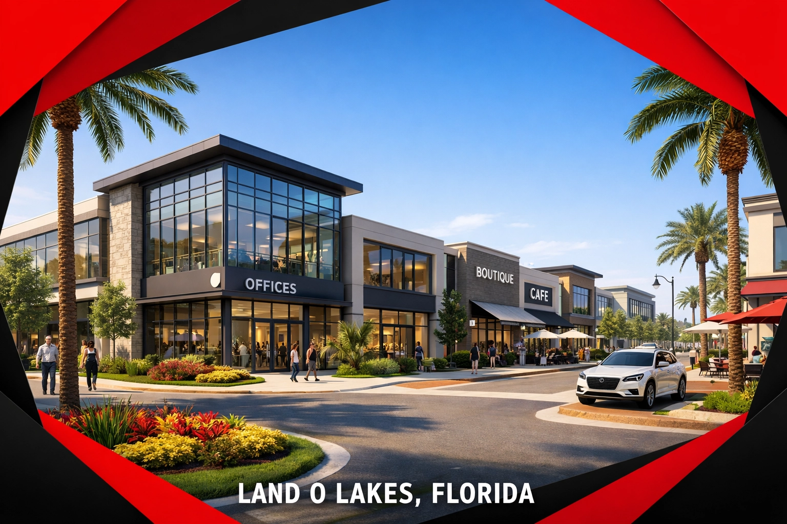 Modern commercial district in Land O Lakes Florida highlighting thriving retail and professional business growth.