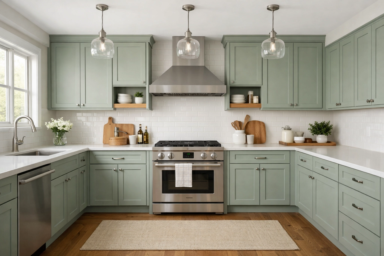 Modern kitchen with timeless sage green shaker-style cabinets and clean white quartz countertops.