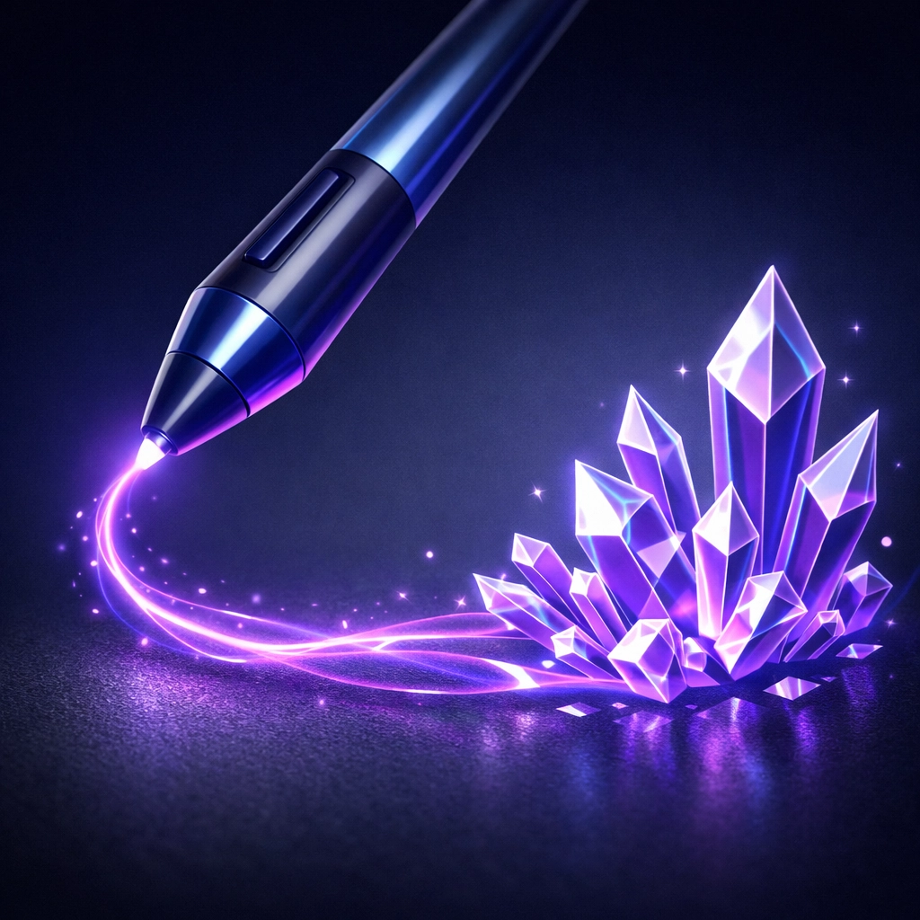 Holographic stylus creating digital structures for AI-enhanced SEO content and creative writing.