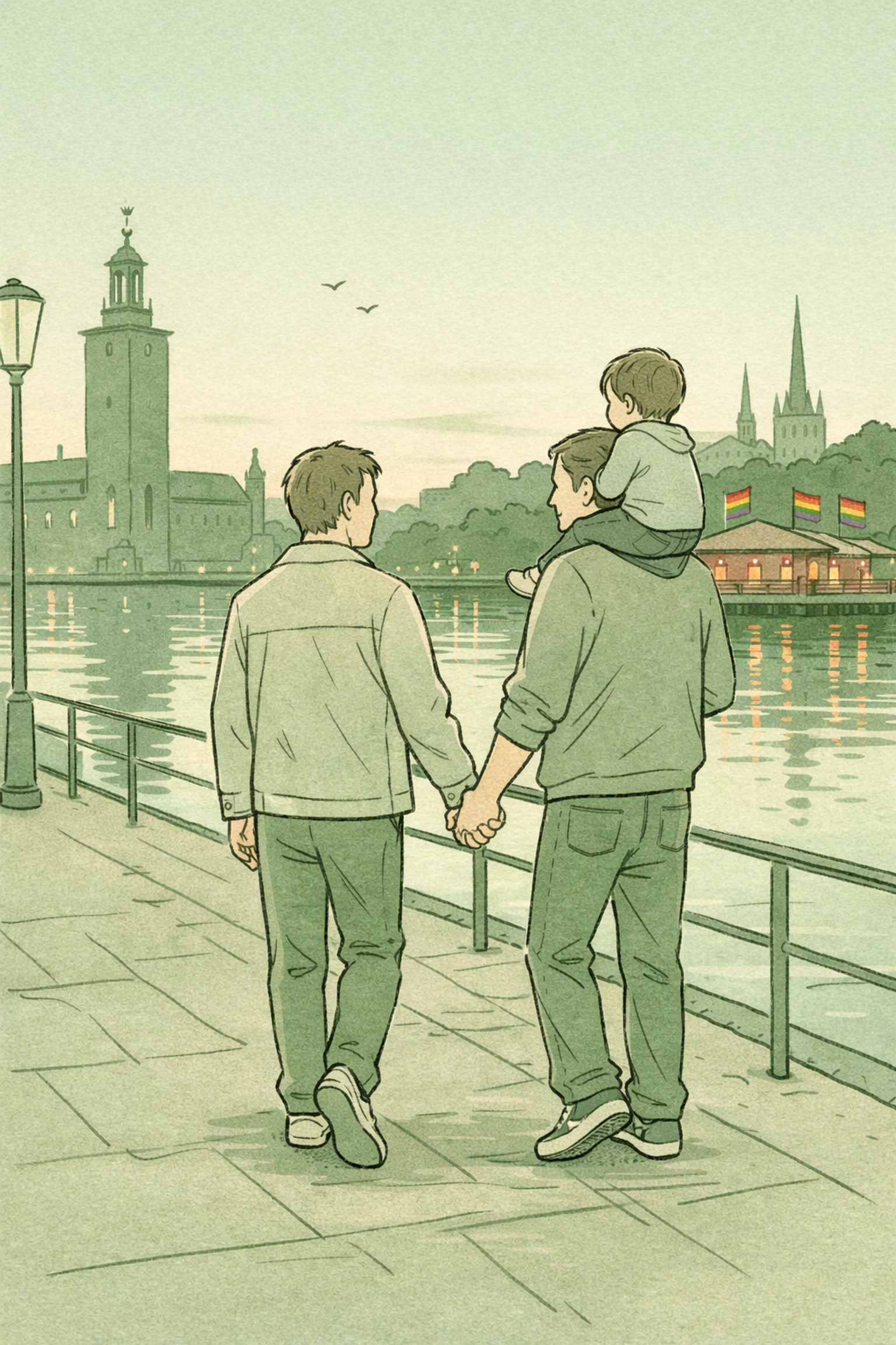 Gay couple walking with child along Stockholm waterfront at dusk, rainbow family belonging