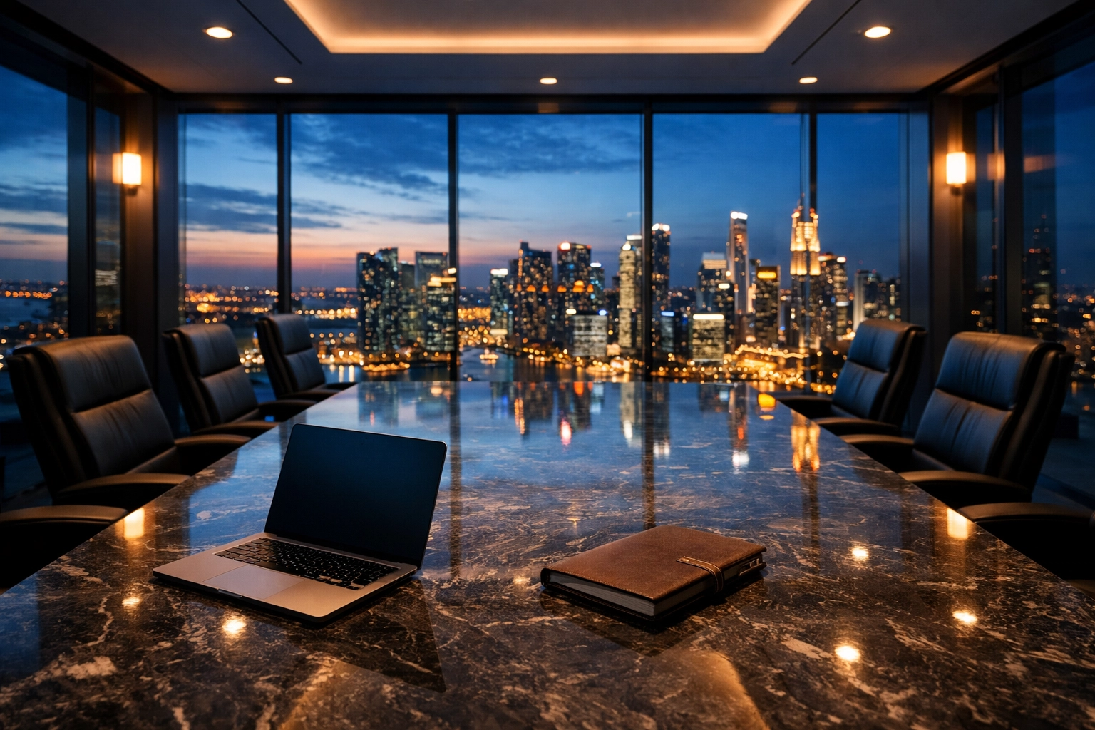 Modern skyscraper boardroom overlooking a global financial hub at sunset for strategic market expansion planning.