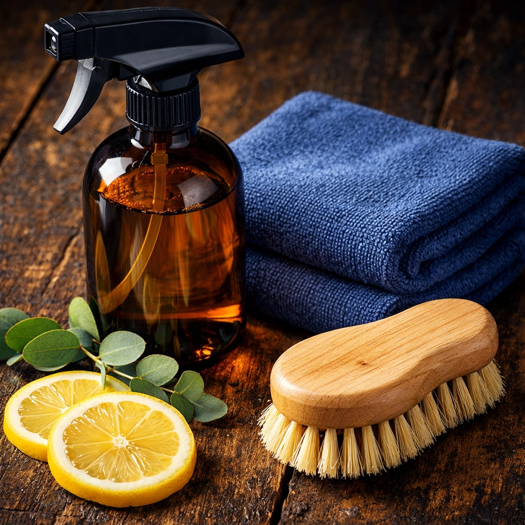 Natural plant-based cleaning supplies and tools used for safe eco-friendly cleaning Boston.