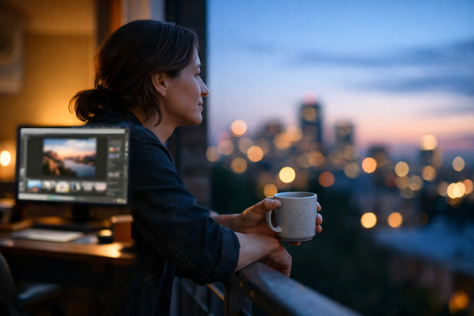 A photographer taking a mental break from the photo editing process to maintain a fresh perspective.